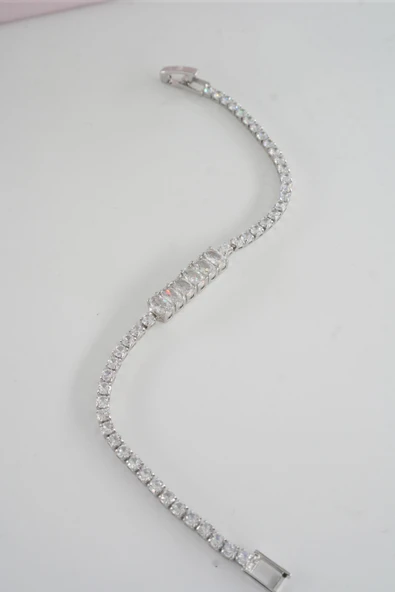 Kadın 316 L Çelik Vip Seri Antialerjik Baget Zirkon Taşlı Su Yolu Bileklik  Ölçüleri 17cm + 3 cm uzatma 6 MM Taş Boyutu - Resim 4