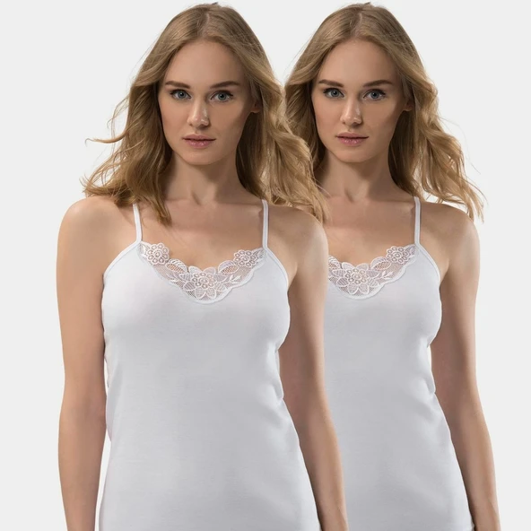 Türen Kadın Güpür Detaylı İp Askılı Kaşkorse 2'li Pamuklu Atlet 219/Beyaz - 2