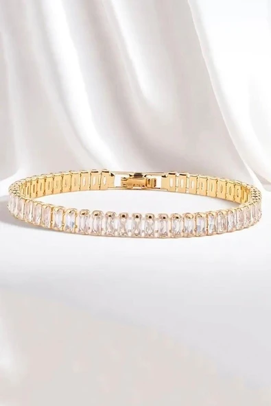 Kadın 316 L Çelik Vip Seri Antialerjik Baget Zirkon Taşlı Su Yolu Bileklik  Ölçüleri 17cm + 3 cm uzatma 7 MM Taş Boyutu - Resim 2