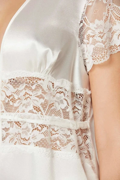 Pierre Cardin Saten Dantelli Midi Sabahlık 1020 Ekru - 2