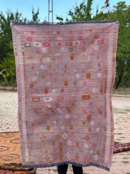 102x140 cm Türk Vintage Halı, El Dokuma Pıtrak Desenli Yün Anadolu Kilim, Ev Dekorasyonu çin Doğal Halı, Boho Stil Kilim - 5