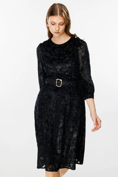 Ekol Kadın Midi Elbise - 3/4 Kol - Kemerli - Vintage Tarzı - Resim 3