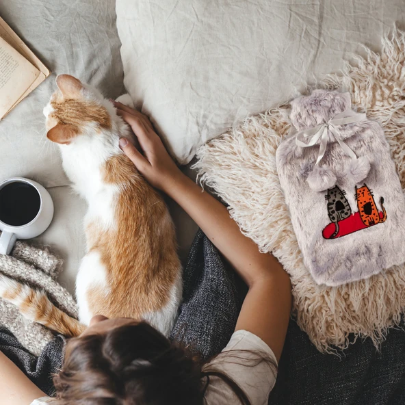 Biggdesign Cats Gri Peluş Sıcak Su Torbası, Yumuşak Kılıf, 2 L, Kedili Tasarım, 20x35, Su Sızdırmaz - 7