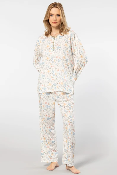 Türen Çiçek Desenli Patlı Battal Uzun Kollu Pijama Takımı 3388/Desen 1