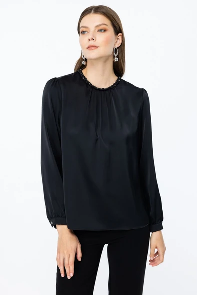 Ekol Minimalist Uzun Kol Saten Bluz - Günlük & Ofis - 4