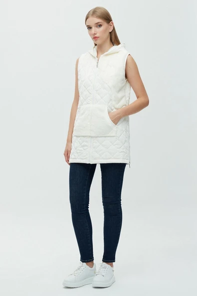 Daıdo Kapüşonlu Midi Oversize Peluş Kadın Yelek - Kışlık