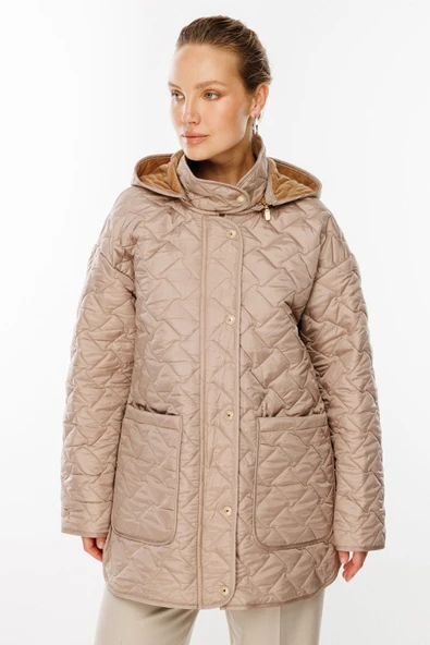 Ekol Kadın Oversize Kapüşonlu Midi Mont - Günlük Şıklık - 2