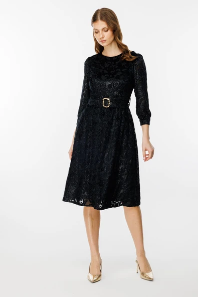 Ekol Kadın Midi Elbise - 3/4 Kol - Kemerli - Vintage Tarzı ürün görseli 1