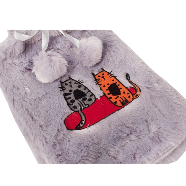 Biggdesign Cats Gri Peluş Sıcak Su Torbası, Yumuşak Kılıf, 2 L, Kedili Tasarım, 20x35, Su Sızdırmaz - 5