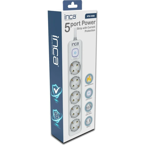 Inca IPW-44GB 5 port Akım Korumalı Led Tuşlu Priz 1.5M - Beyaz
