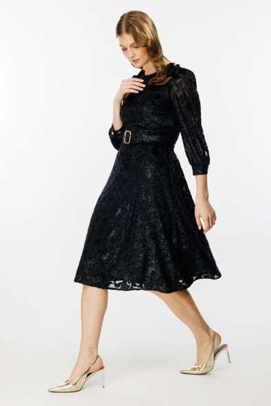 Ekol Kadın Midi Elbise - 3/4 Kol - Kemerli - Vintage Tarzı - Resim 2