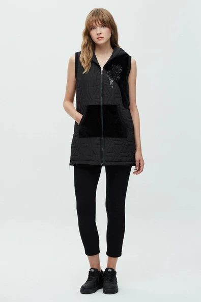 Daıdo Kapüşonlu Midi Oversize Peluş Kadın Yelek - Kışlık - 4