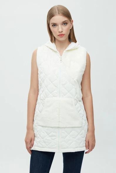 Daıdo Kapüşonlu Midi Oversize Peluş Kadın Yelek - Kışlık - 2