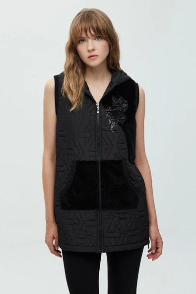 Daıdo Kapüşonlu Midi Oversize Peluş Kadın Yelek - Kışlık - 5