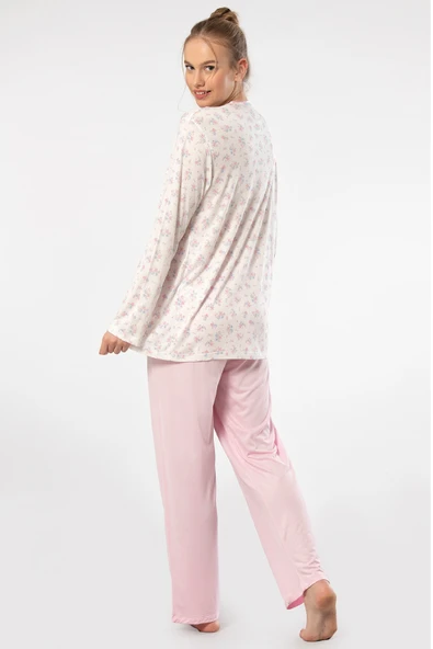 Empirme Düğmeli Battal Uzun Kollu Pijama Takım 3367/Pembe - 7
