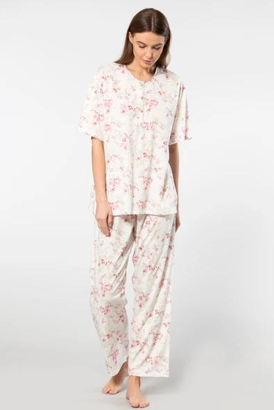 Türen Çiçek Desenli Patlı Battal Kısa Kollu Pijama Takımı 3387/Desen 2