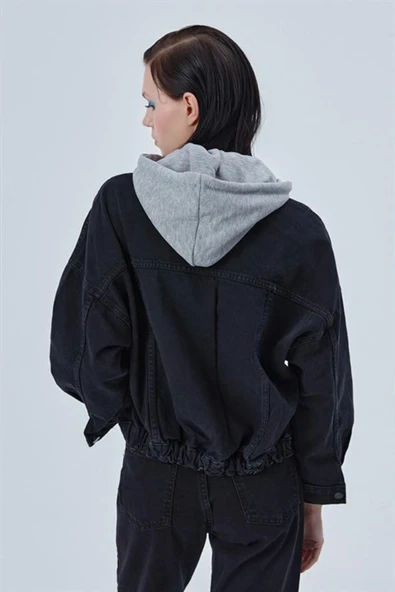 Quzu Siyah Kapüşonlu Owersize Ceket - 5