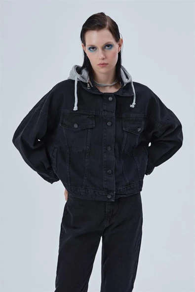 Quzu Siyah Kapüşonlu Owersize Ceket - 2