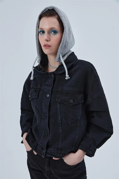 Quzu Siyah Kapüşonlu Owersize Ceket - 4