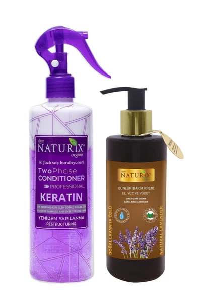 Keratin Bakım İki Fazlı Fön Suyu 400 Ml & Lavanta Özlü El, Yüz ve Vücut Kremi 250 Ml - 2'li Set