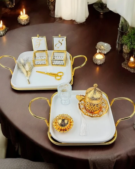 Endless Nisan Tepsisi ve Porselen Nişan Kahve Tepsisi Beyaz