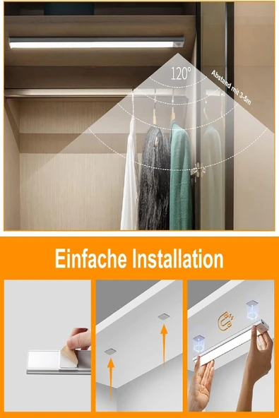 Şarjlı Kablosuz LED Lamba - Hareket Sensörlü, Dolap, Mutfak, Merdiven, Koridor Aydınlatma, Metal - 8