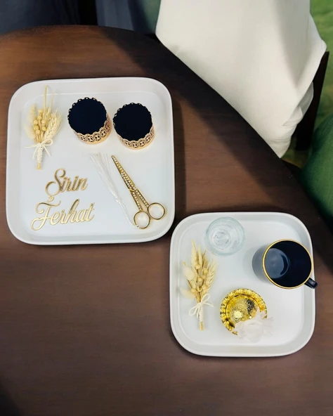 Endless Nisan Tepsisi ve Porselen Nişan Kahve Tepsisi krem