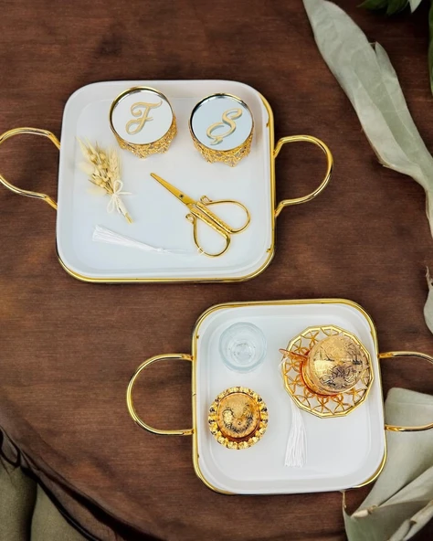 Endless Nisan Tepsisi ve Porselen Nişan Kahve Tepsisi gold