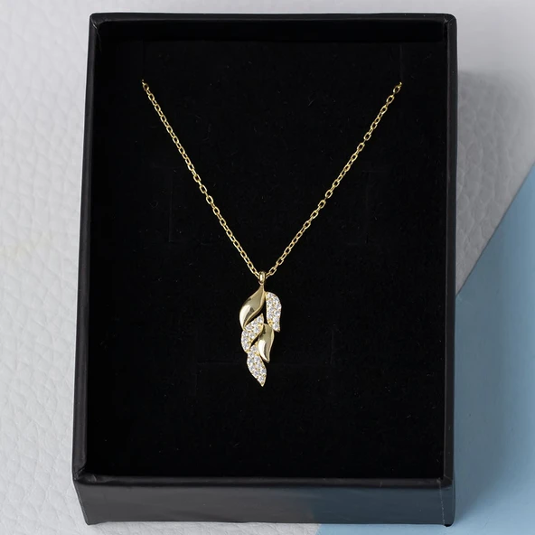 Yaprak Model Zirkon Taşlı 925 Ayar Gümüş Gold Rengi Kadın Kolye - 3