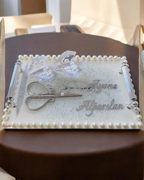 Raya Gümüş İncili Söz Nişan Tepsisi  krem