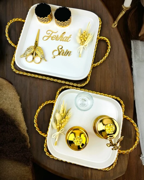 Forever Gold Söz Tepsisi ve Nişan Tepsisi  Beyaz