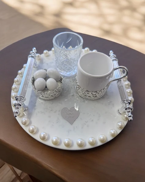 Faye İncili Gümüş Söz Kahve Tepsisi  GRİ