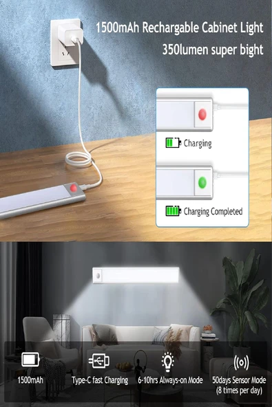 Şarjlı Kablosuz LED Lamba - Hareket Sensörlü, Dolap, Mutfak, Merdiven, Koridor Aydınlatma, Metal - 5