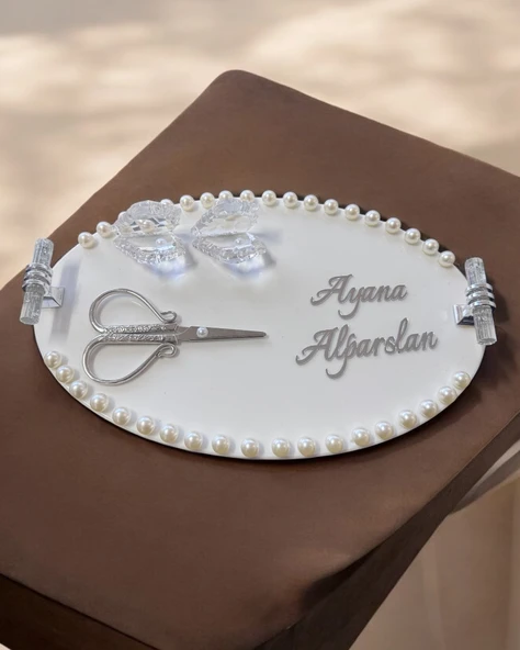 Talia İncili Gümüş Söz Nişan Tepsisi  krem