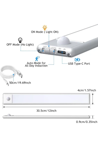Şarjlı Kablosuz LED Lamba - Hareket Sensörlü, Dolap, Mutfak, Merdiven, Koridor Aydınlatma, Metal - 2