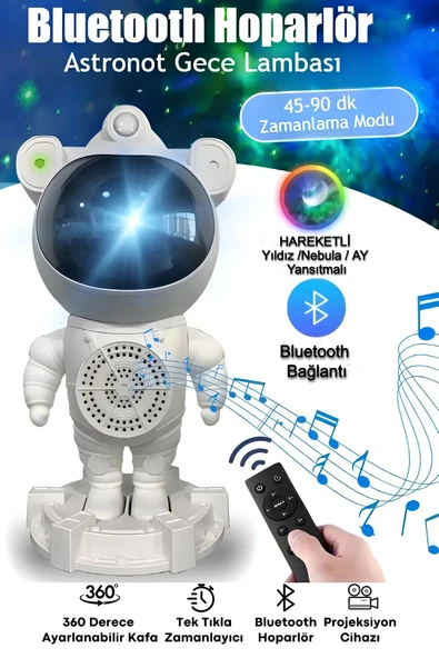 Projeksiyon Gökyüzü Gece Lambası Astronot Bluetooth Hoparlör Hareketli Galaxy Bulutsu Zamanlayıcılı