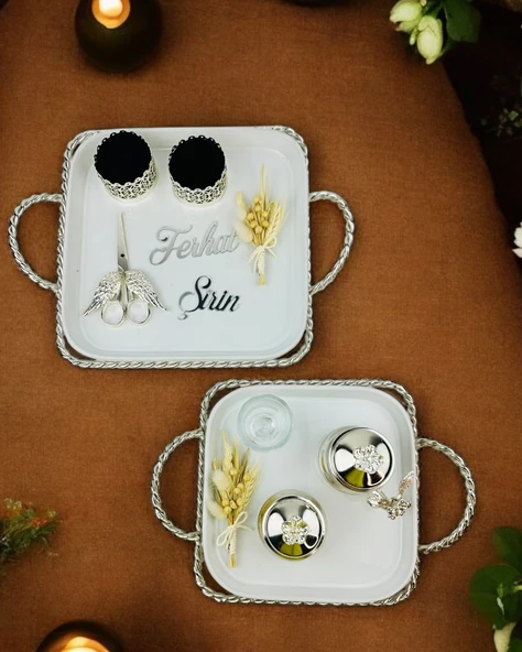 Spark Gümüş Söz Tepsisi ve Damat Kahve Fincanı  Beyaz