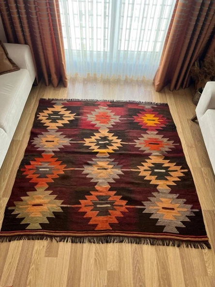 172x172 cm Renkli Türk Halısı, El Dokuma Renkli Nostaljik Halı, Geometrik Desenli Boho Tarzı Ev Hediyesi