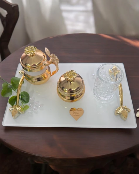 Adore Gold İncili Söz Kahve Tepsisi  mavi