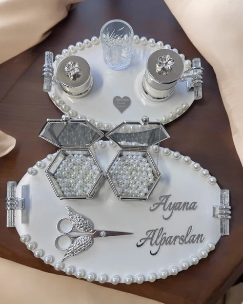 Lustre İncili Söz Nişan Tepsisi  GRİ - 2
