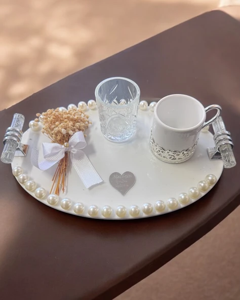 Luna İncili Gümüş Damat Kahve Tepsisi  krem