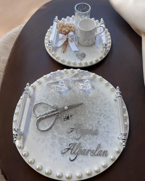 Ethereal Gümüş İncili Söz Nişan Tepsisi Beyaz