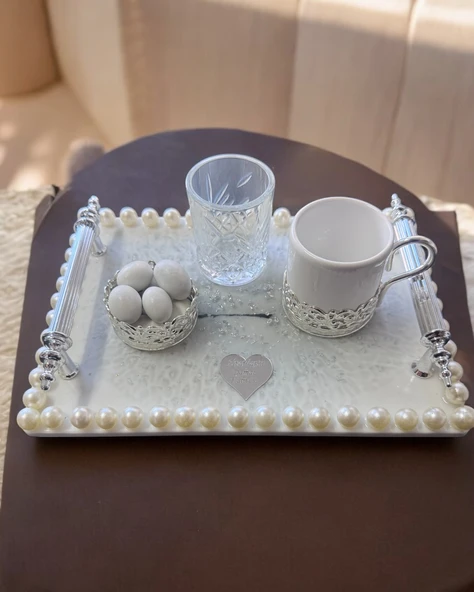 Harper Nişan Kahve Tepsisi Gümüş  Beyaz
