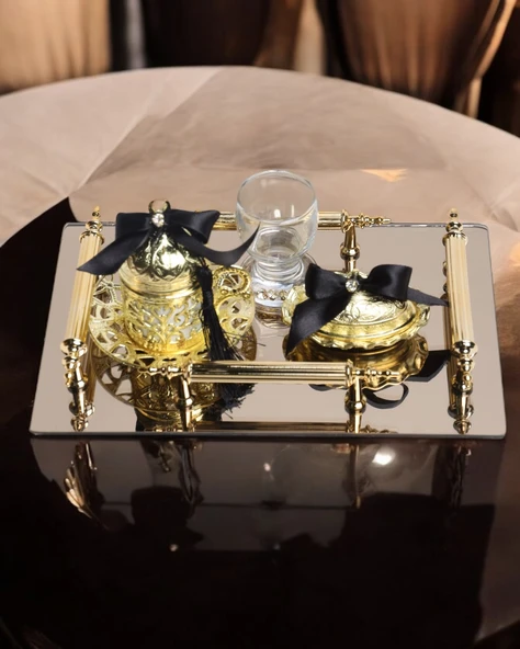 Reverence Gold Damat Fincan Kahve Tepsisi  Siyah