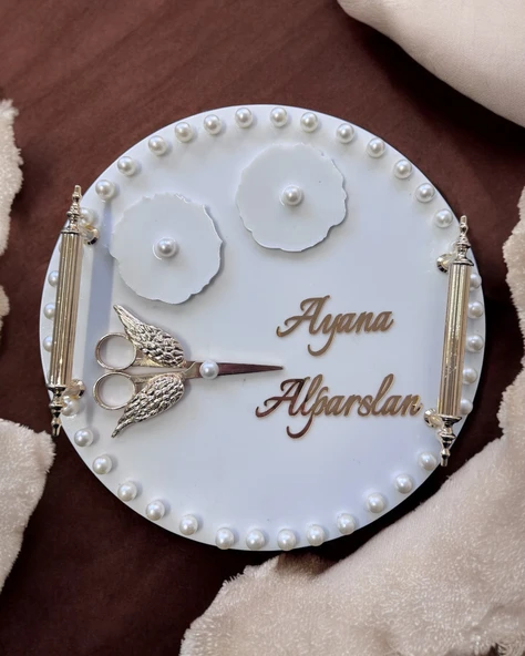 Ansel Gold İncili Söz Nişan Tepsisi  krem