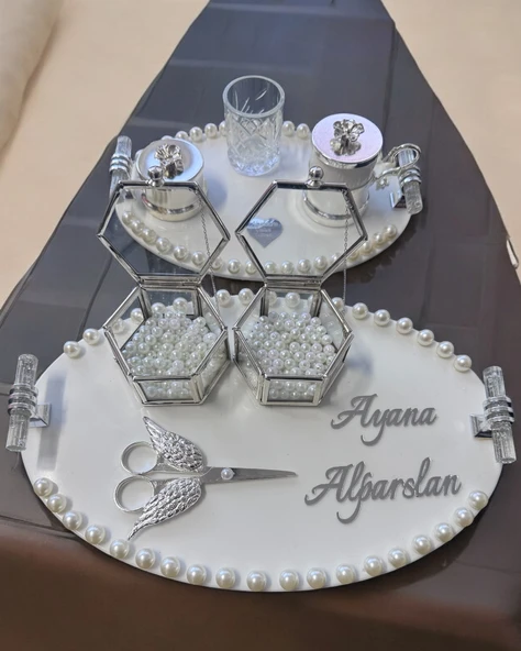 Lustre İncili Söz Nişan Tepsisi GRİ