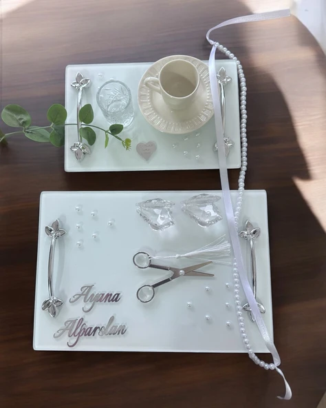 Adore Gümüş Beyaz İncili Söz Tepsisi Nişan Tepsisi ve Damat Kahve Fincan Tepsisi  BORDO