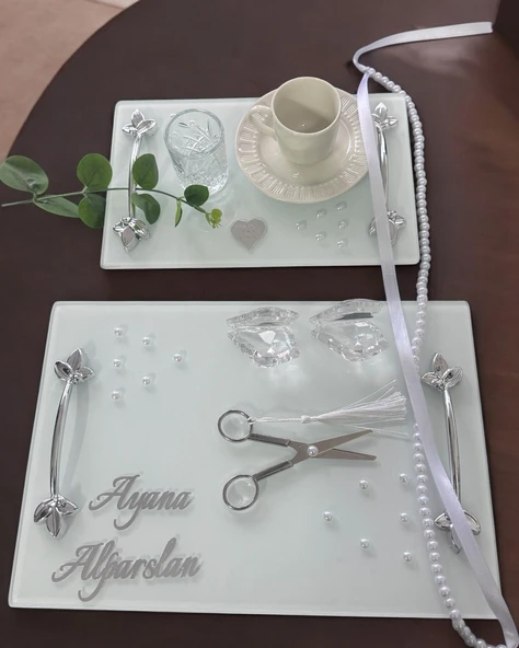 Adore Gümüş Beyaz İncili Söz Tepsisi Nişan Tepsisi ve Damat Kahve Fincan Tepsisi  BORDO - 3