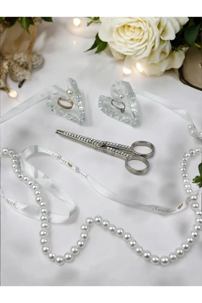 Pietra Kristal Cam Yüzük Yükselticisi ve Söz Makası Seti BEYAZ-GÜMÜŞ