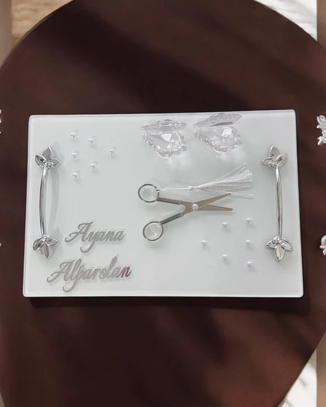 Adore Gümüş Beyaz İncili Söz Tepsisi Nişan Tepsisi ve Damat Kahve Fincan Tepsisi  BORDO - 2